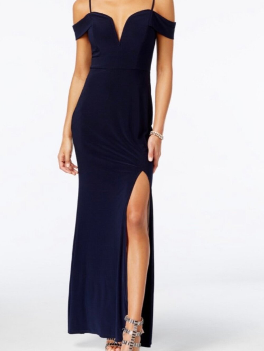 City Studios Navy Juniors' Off-The-Shoulder Gown